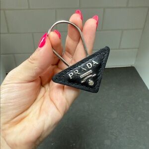 Authentic PRADA Triangle LOGO Plate Key Ring Holder Charm Silver/Black Color
